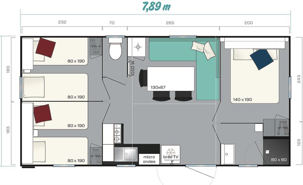 Plan d'un mobile-home 3 chambres au Camping du Futur